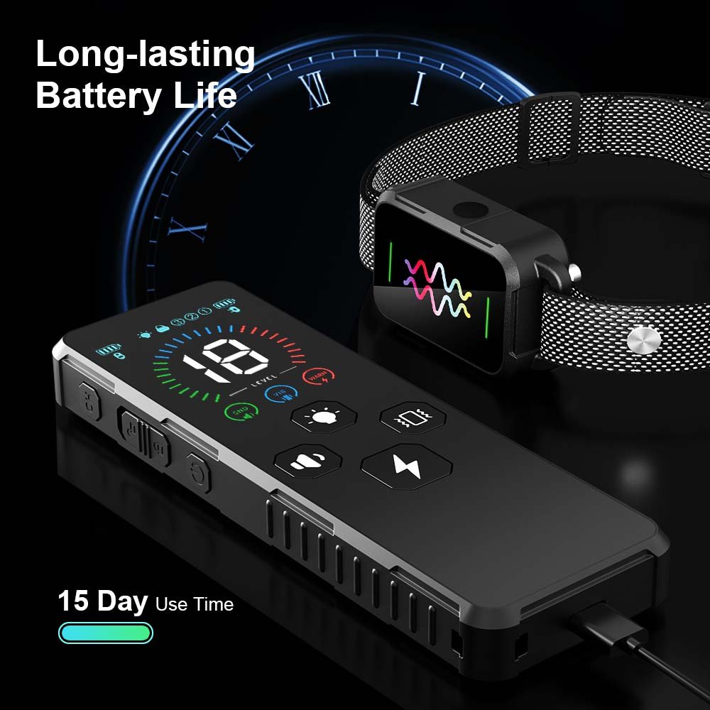 dog collar from pet manufacturer showing battery life is long